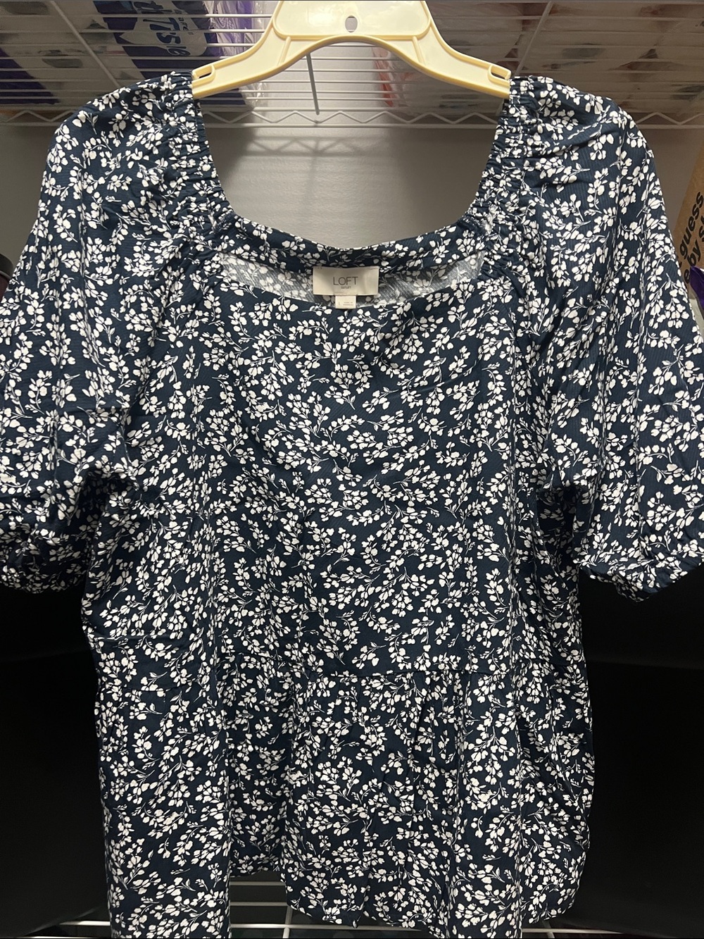 LOFT Navy and White Floral Puff-Sleeve Blouse
